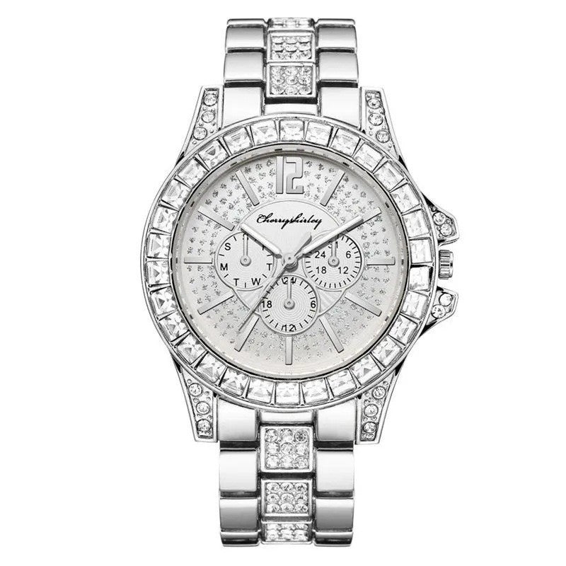 Full Diamond Fake Three-eye Steel Belt Quartz Watch - nargis