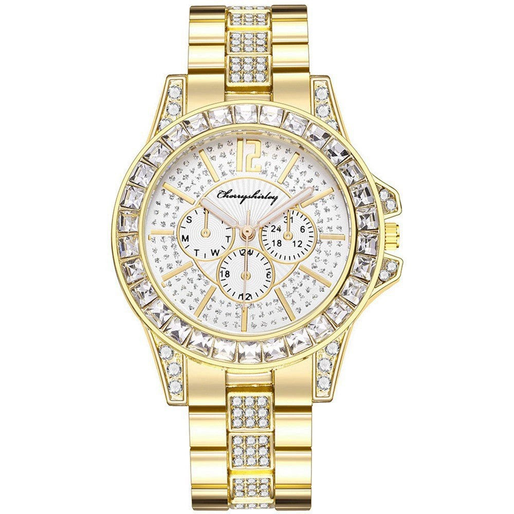 Full Diamond Fake Three-eye Steel Belt Quartz Watch - nargis