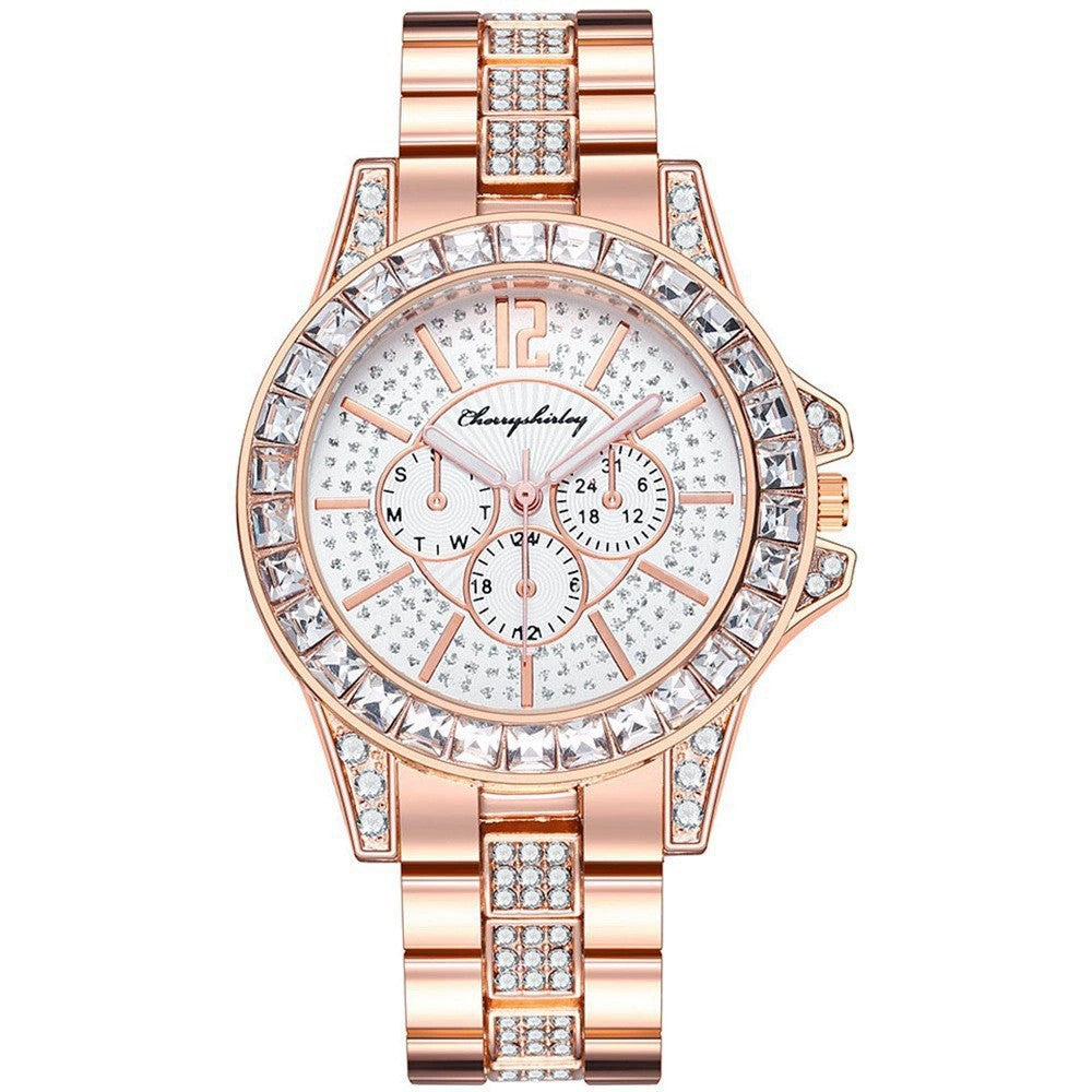 Full Diamond Fake Three-eye Steel Belt Quartz Watch - nargis