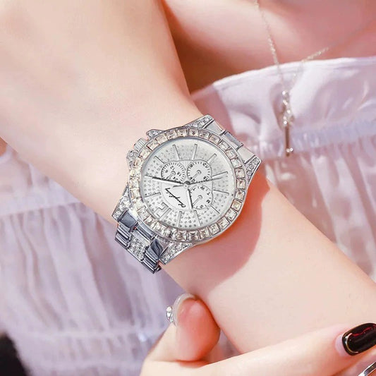 Full Diamond Fake Three-eye Steel Belt Quartz Watch - nargis