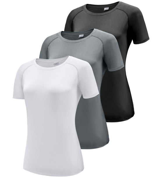 Damen 3er Pack Kurzarm T-Shirts, UPF 50+ Sonnenschutz Schnelltrocknend Funktionsshirt Laufshirts, Atmungsaktiv Kurzarm Sportshirt Gym Yoga Top Workout Fitness Oberteil Black/White/Grey 3P11-M