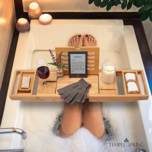 Temple Spring - Badewannenablage Bambus mit Kerzen-, Weinglas-, Buch-, Tablet-, iPad- und Telefonhalter. Badewannentablett ausziehbar, Badewannenablage Holz, Bathtub Tray 100% Bambus - Naturholz