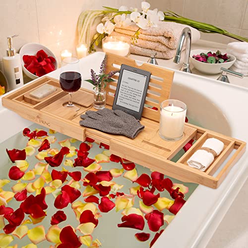 Temple Spring - Badewannenablage Bambus mit Kerzen-, Weinglas-, Buch-, Tablet-, iPad- und Telefonhalter. Badewannentablett ausziehbar, Badewannenablage Holz, Bathtub Tray 100% Bambus - Naturholz