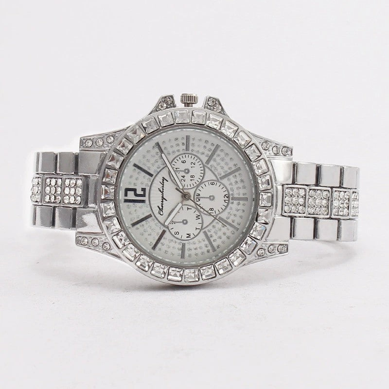 Full Diamond Fake Three-eye Steel Belt Quartz Watch - nargis