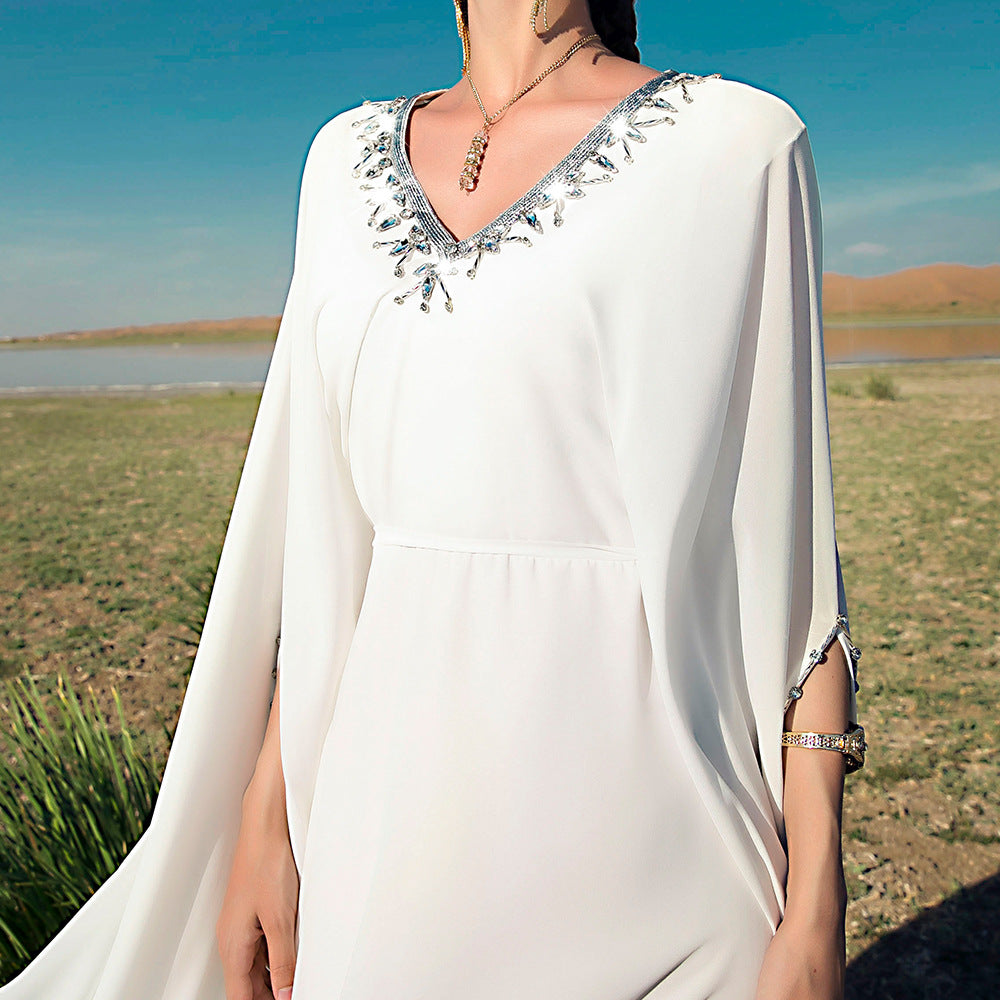 White V-neck Hand-stitched Diamond Cloak Large Swing Dress - nargis