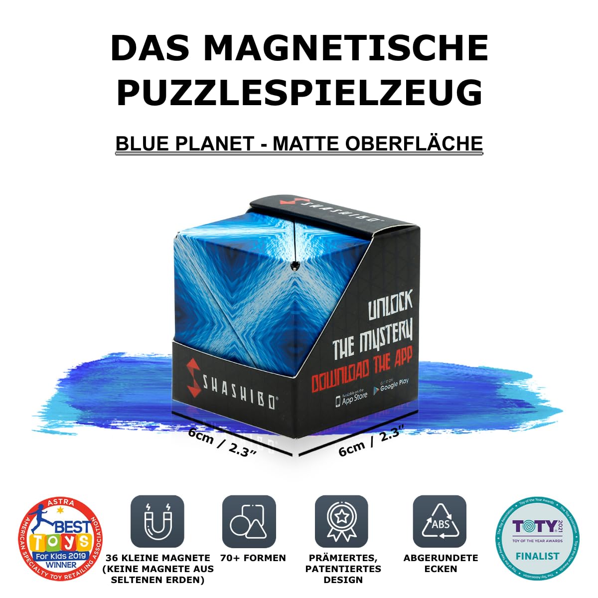 SHASHIBO Formwechsel-Box – Preisgekrönter, patentierter Zappelwürfel mit 36 Seltenerdmagneten – lässt Sich in über 70 Formen verwandeln (Blue Planet)