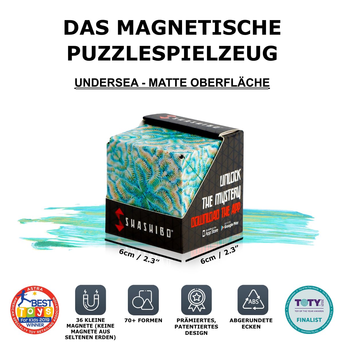 SHASHIBO Formwechsel-Box – Preisgekrönter, patentierter Zappelwürfel mit 36 Seltenerdmagneten – lässt Sich in über 70 Formen verwandeln (Undersea)