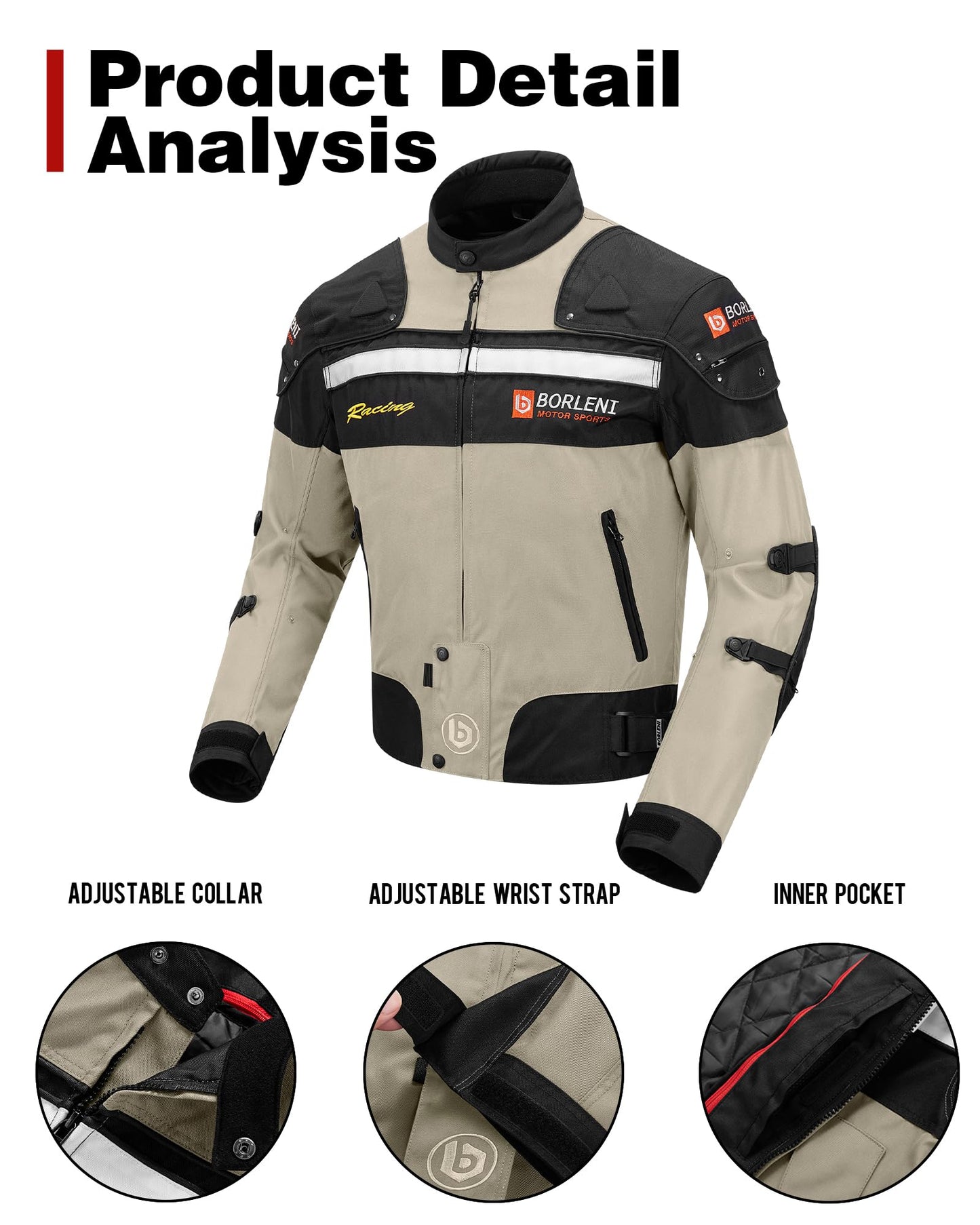 BORLENI Motorradjacke Herren Winter Motorrad Jacke Textiljacke Winddicht mit Herausnehmbarem Liner Protektoren Protektor Jacke Roller Biker Touren 4 Jahreszeiten Herren Damen Braun M