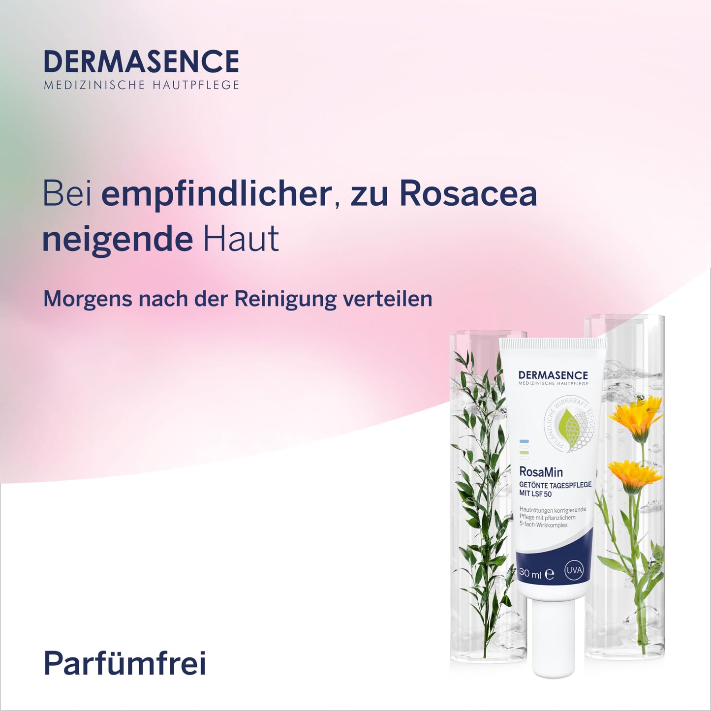 DERMASENCE RosaMin Getönte Tagespflege LSF 50, 30 ml - Rötungen korrigierende Tagespflege mit LSF 50 für Couperose und zu Rosacea neigende Haut