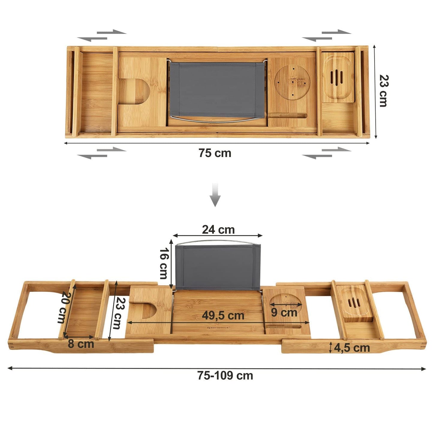 SONGMICS ausziehbare Badewannenablage aus Bambus verstellbares Badewannenbrett Badewannen Ablagen, mit Getränkehalter, Buchstütze, Seifenhalter 75-109 x 4,5 x 23 cm (B x H x T) BCB88Y