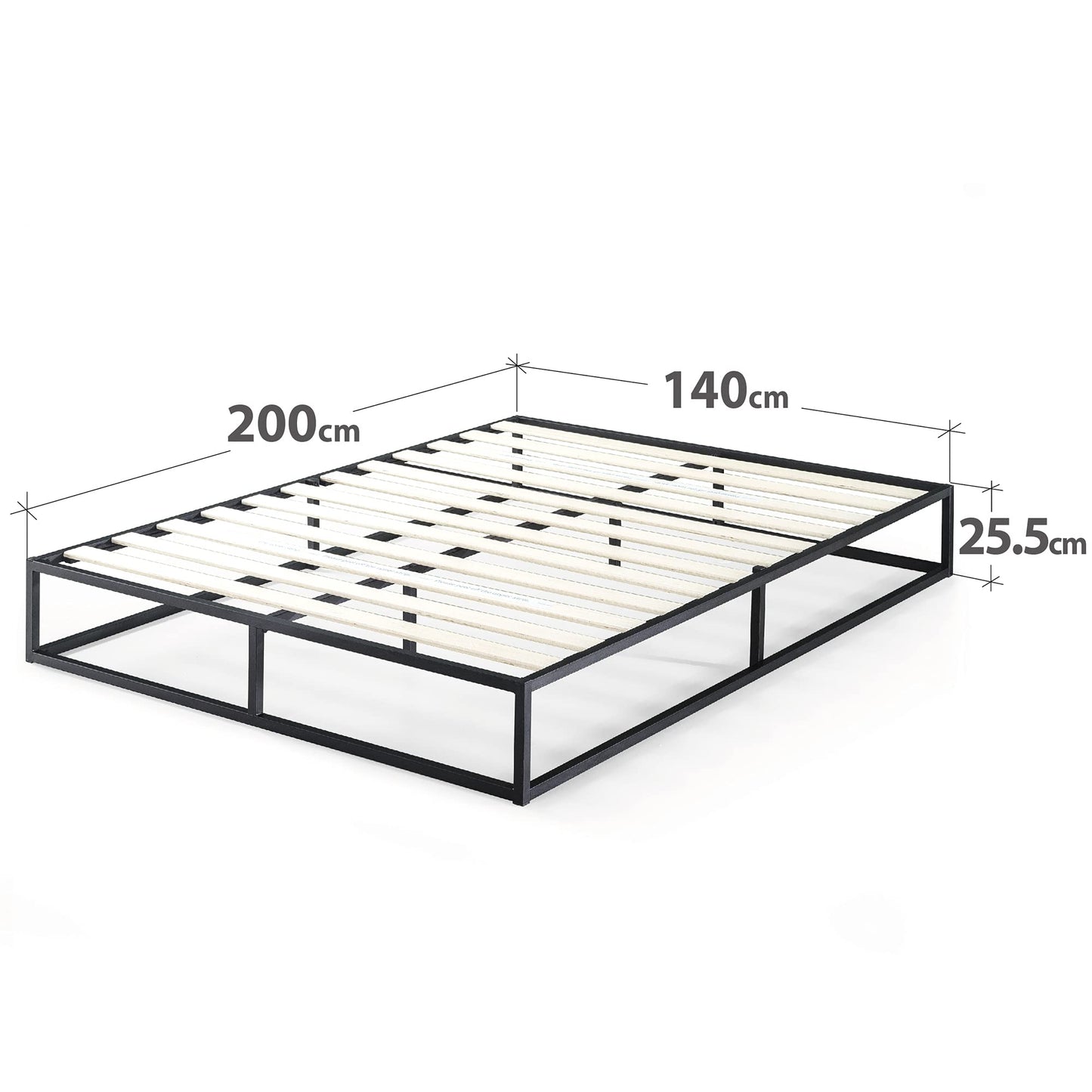 Zinus Joseph Bett 140x200 cm - Höhe 25 cm mit Unterbettstauraum - Metall-Plattformbettgestell mit Holzlattenrost - Schwarz