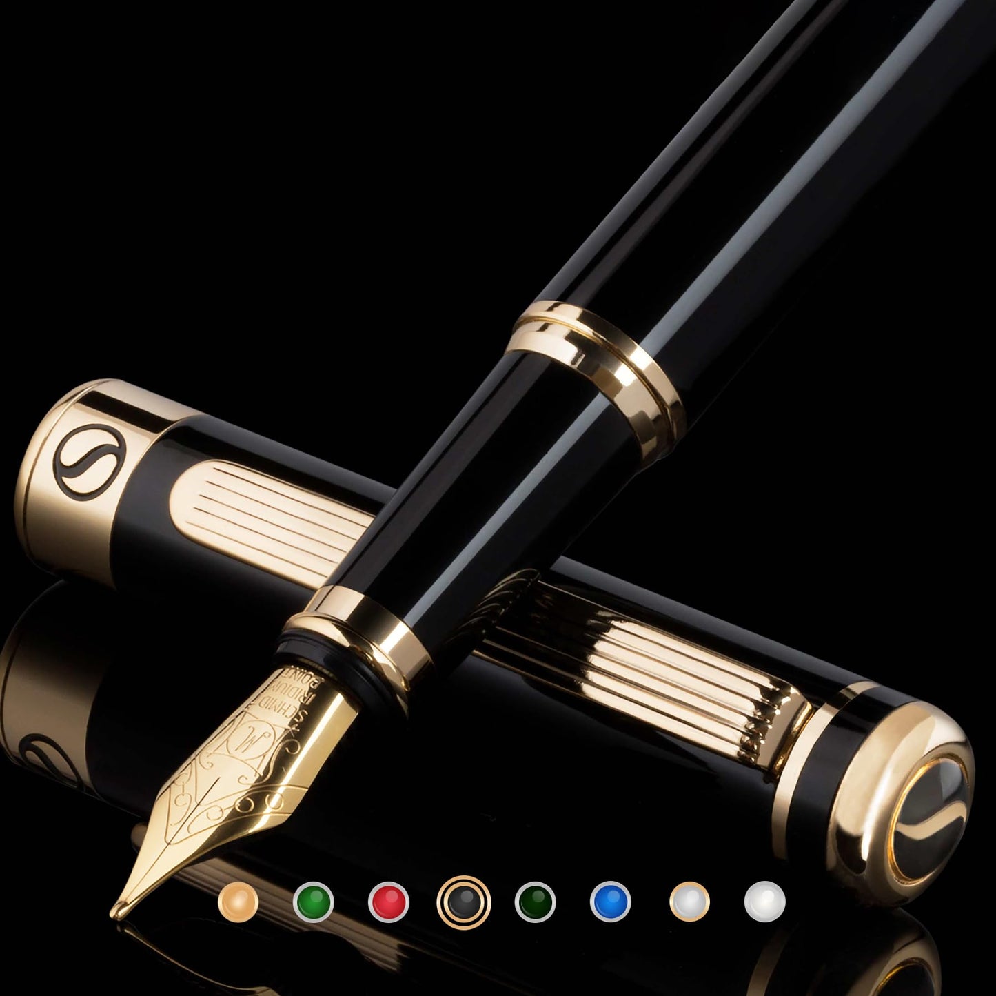 Scriveiner Black Personalisierter Stift - Luxus Füllfederhalter, Schwarzer Lack, Gold Finish, Deutsche Schmidt Feder (Mittel), Bestes Graviertes Füllfederhalter Geschenkset, Namensgravur