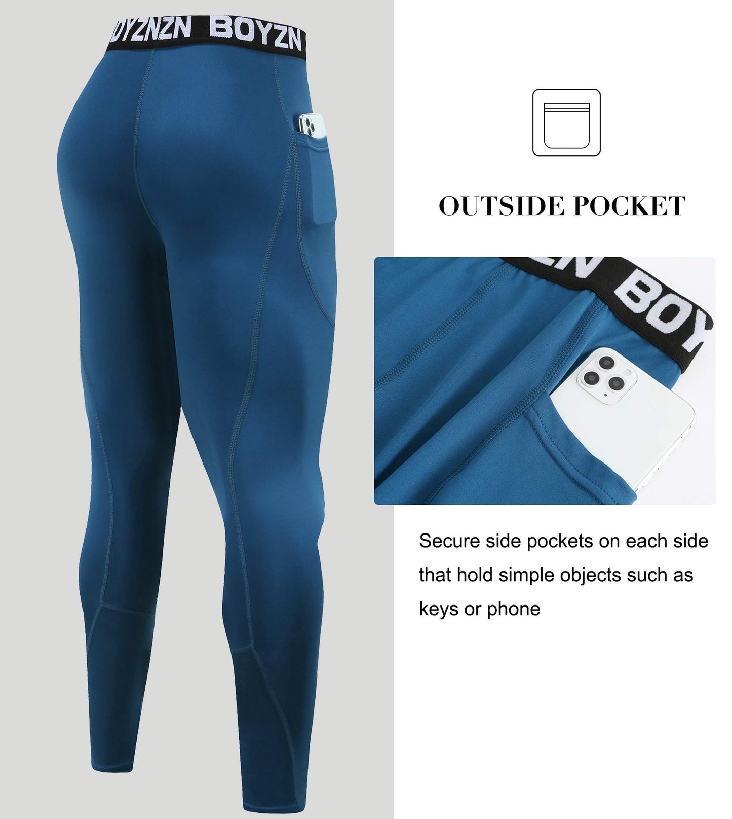 2er Pack Sport Leggings für Herren, Funktionsunterwäsche Kompressionshose Herren Fitness Strumpfhosen, Laufhose Tight Lange Unterhose Schnelltrocknende Sporthose Trainingshose Black/Blue(Pocket)-L