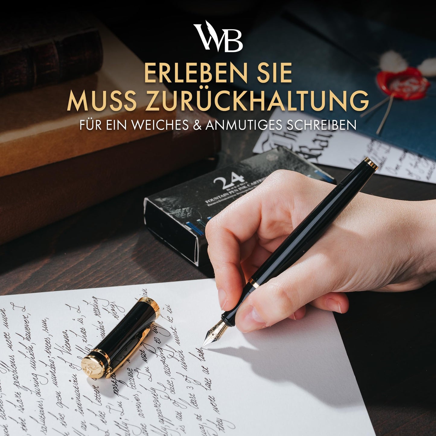 Wordsworth & Black Füllfederhalter Set, Medium Schreibfeder, Enthält 24 Tintenpatronen Und Tintennachfüllkonverter, Geschenketui, Journaling, Kalligrafie, Weiche Schreibstifte [Schwarzes Gold]