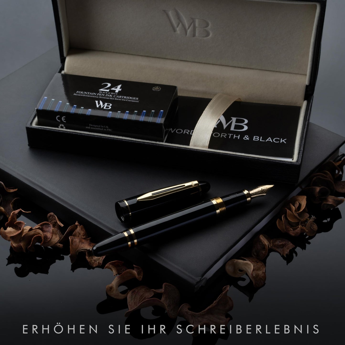 Wordsworth & Black Majesti Füllfederhalter (Schwarzgold), Luxus-Etui, Mittlere Feder - 24 Tintenpatronen, nachfüllbarer Tintenkonverter - Bestes Business-für Männer & Frauen