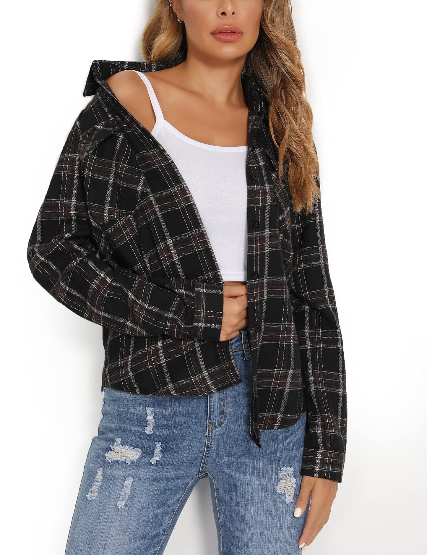 Enjoyoself Damen Kariertes Hemd 100% Baumwolle Langarm Holzfällerhemd Button-down Karobluse für Alltag Oktoberfest Schwarz,M