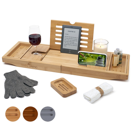 Temple Spring - Badewannenablage Bambus mit Kerzen-, Weinglas-, Buch-, Tablet-, iPad- und Telefonhalter. Badewannentablett ausziehbar, Badewannenablage Holz, Bathtub Tray 100% Bambus - Naturholz