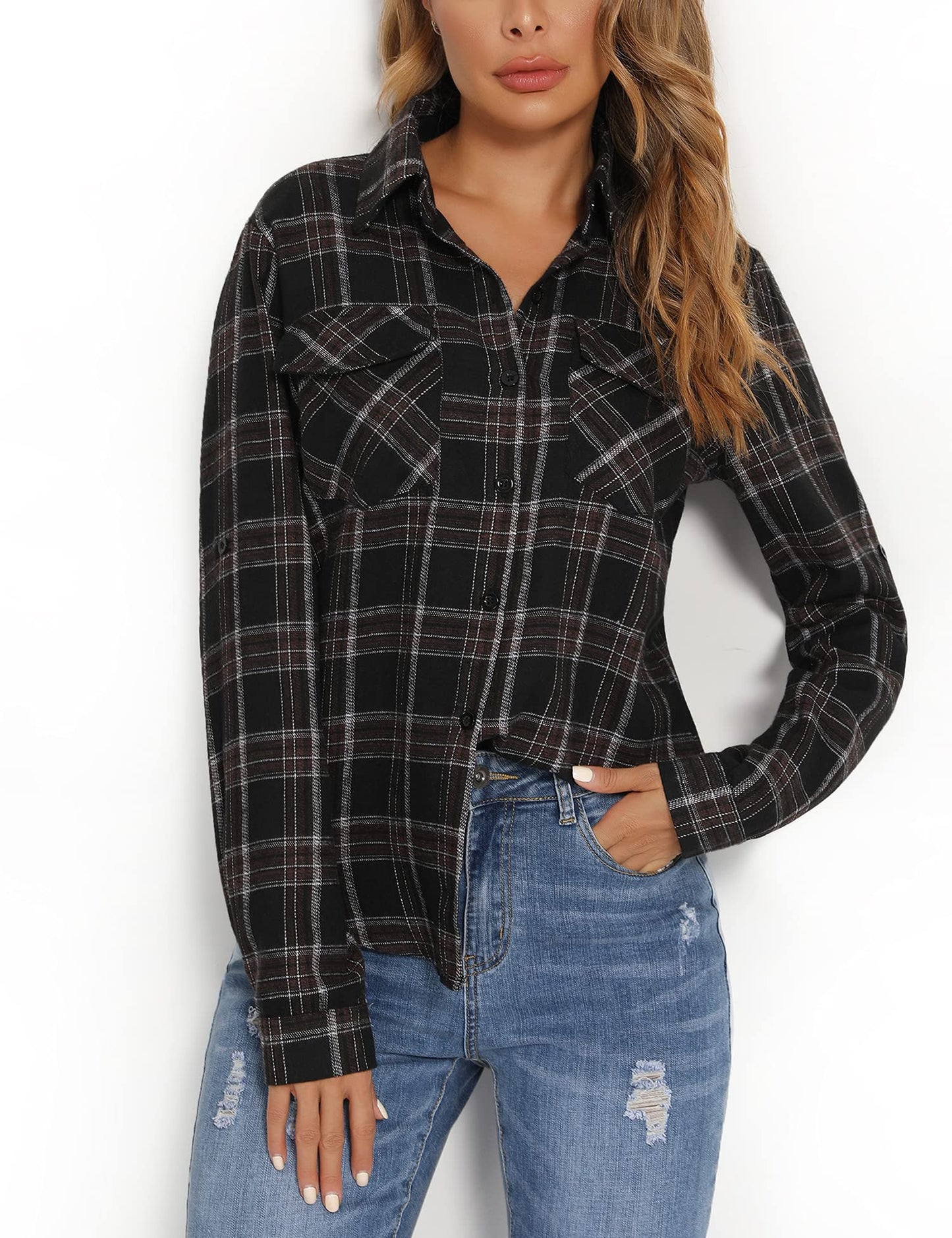 Enjoyoself Damen Kariertes Hemd 100% Baumwolle Langarm Holzfällerhemd Button-down Karobluse für Alltag Oktoberfest Schwarz,M