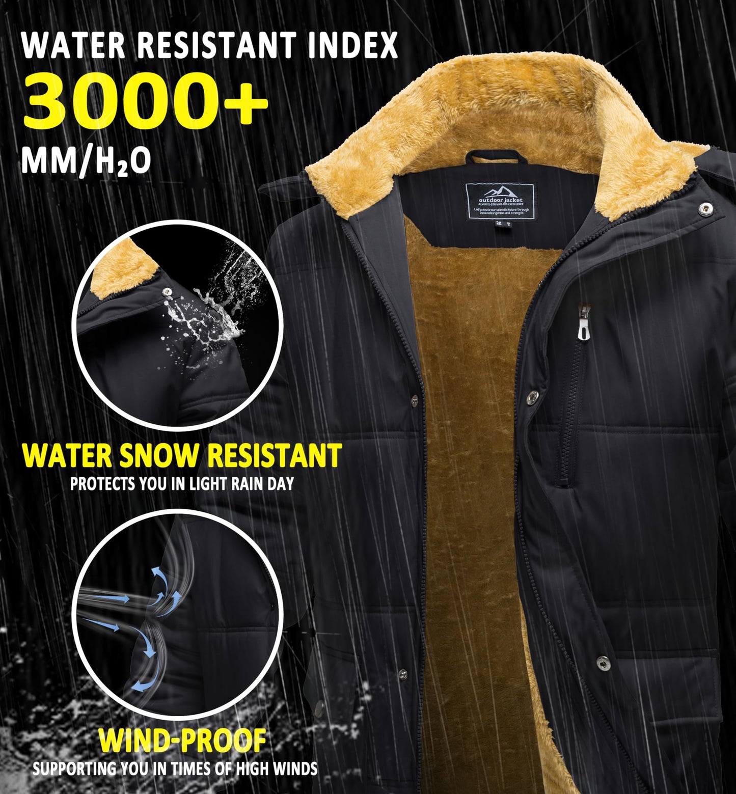 MAGCOMSEN Herren Warme Parka Jacke Gefüttert Winter Daunenjacke Männer Winddicht Warme Outdoorjacke Fleece Funktionsjacke Wandern Jagdjacke mit Mehrfachtaschen Schwarz XL