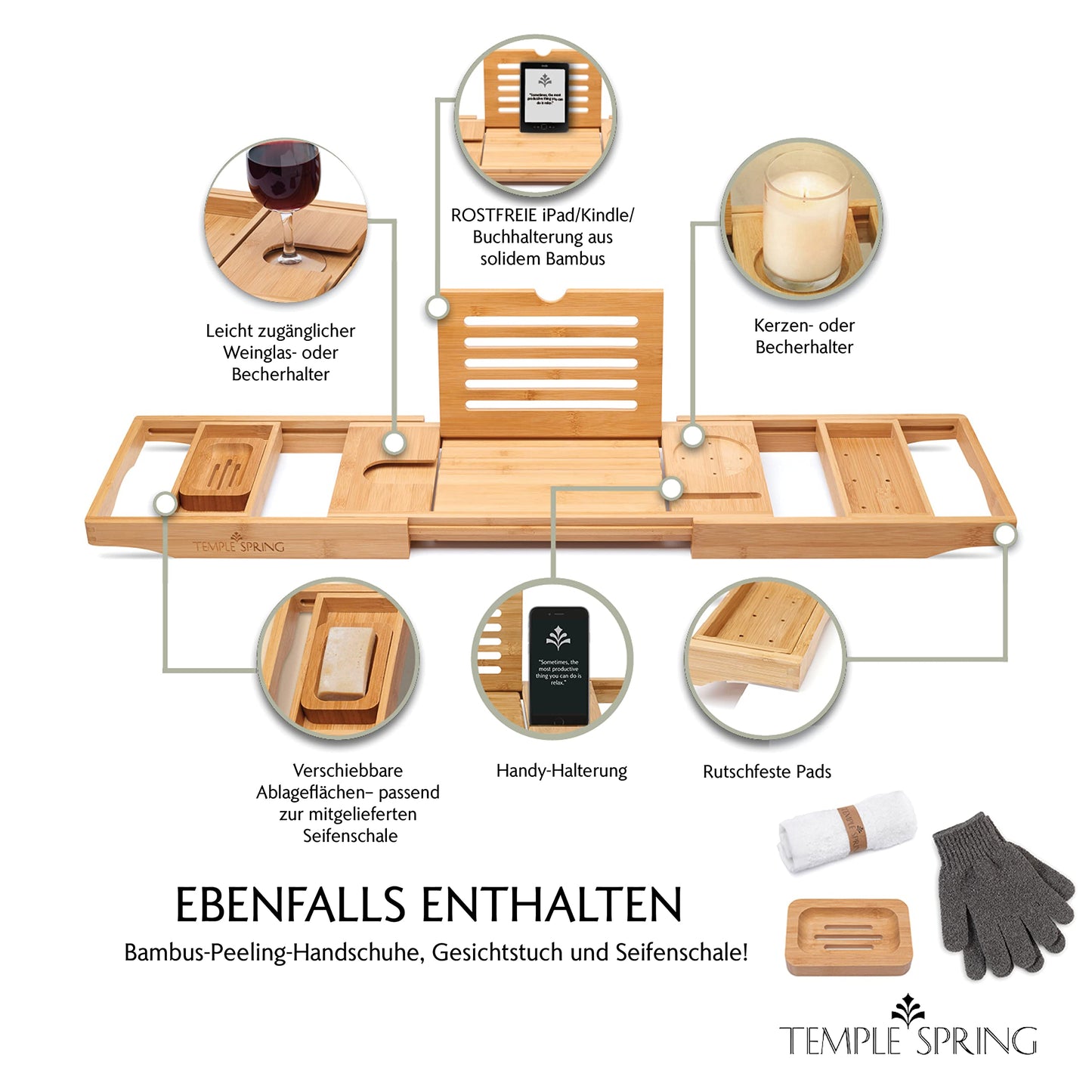 Temple Spring - Badewannenablage Bambus mit Kerzen-, Weinglas-, Buch-, Tablet-, iPad- und Telefonhalter. Badewannentablett ausziehbar, Badewannenablage Holz, Bathtub Tray 100% Bambus - Naturholz