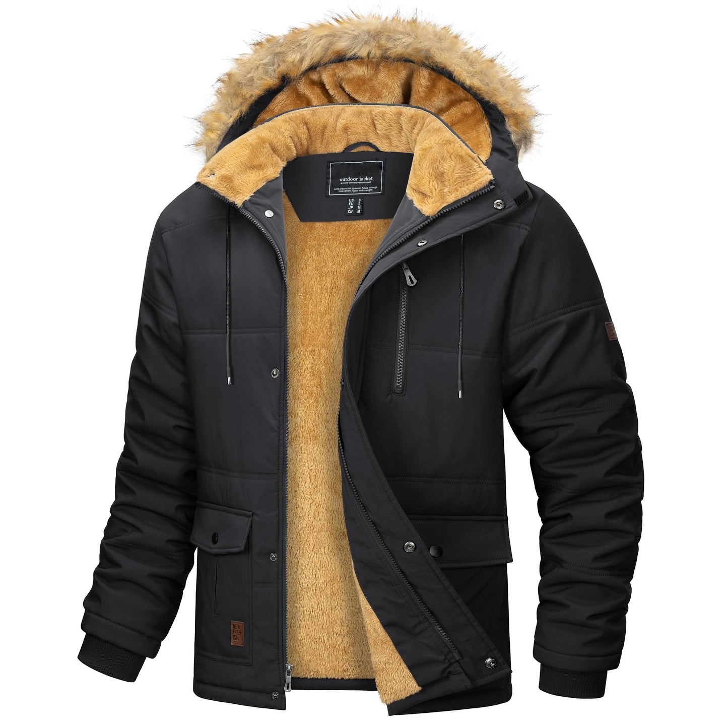 MAGCOMSEN Herren Warme Parka Jacke Gefüttert Winter Daunenjacke Männer Winddicht Warme Outdoorjacke Fleece Funktionsjacke Wandern Jagdjacke mit Mehrfachtaschen Schwarz XL