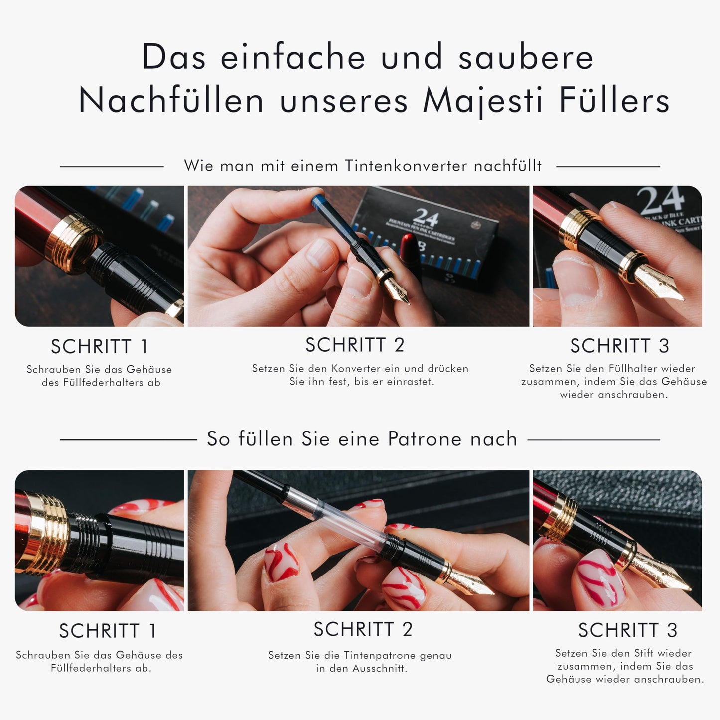 Wordsworth & Black Majesti Füllfederhalter (Schwarzgold), Luxus-Etui, Mittlere Feder - 24 Tintenpatronen, nachfüllbarer Tintenkonverter - Bestes Business-für Männer & Frauen