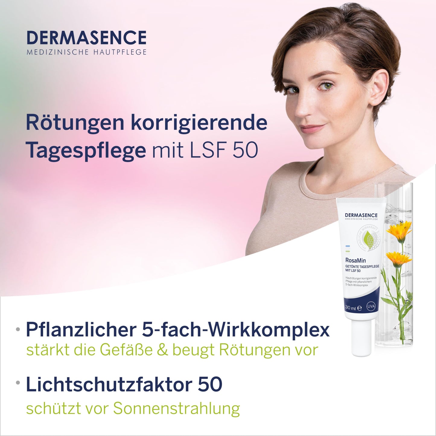 DERMASENCE RosaMin Getönte Tagespflege LSF 50, 30 ml - Rötungen korrigierende Tagespflege mit LSF 50 für Couperose und zu Rosacea neigende Haut