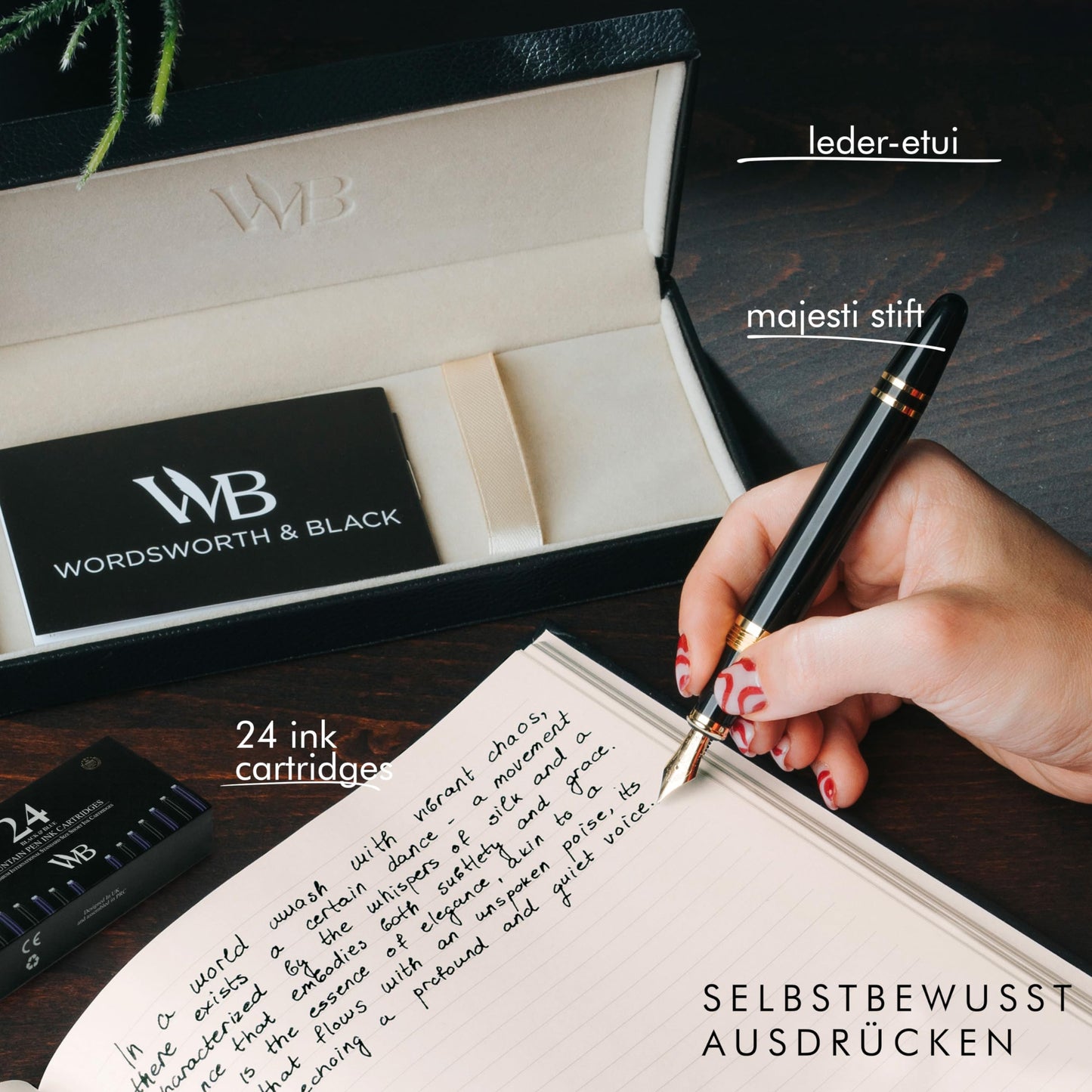 Wordsworth & Black Majesti Füllfederhalter (Schwarzgold), Luxus-Etui, Mittlere Feder - 24 Tintenpatronen, nachfüllbarer Tintenkonverter - Bestes Business-für Männer & Frauen