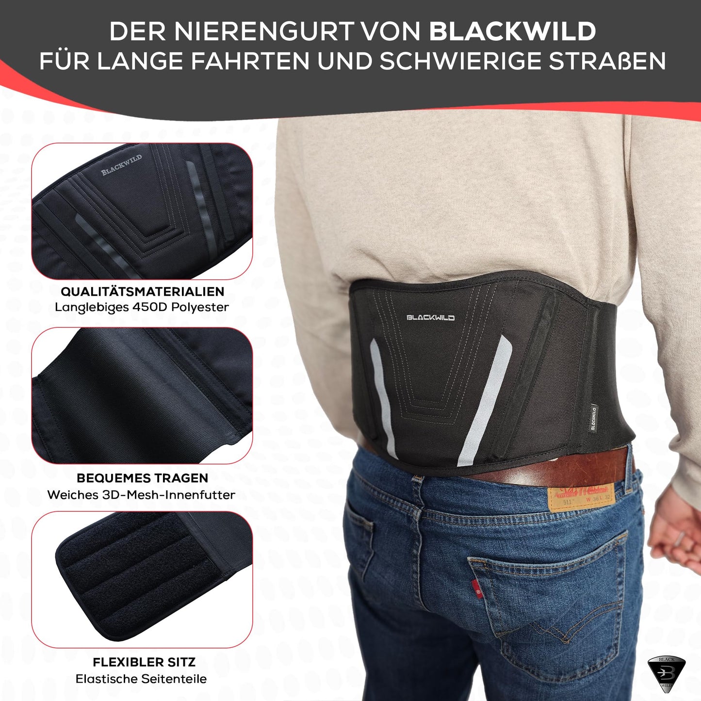 BLACKWILD Nierengurt Motorrad| Nierengurt Motorrad Herren und Damen, Grundschwarz | Effektive Stabilisierung nierenwärmer Lendenwirbelstütze Nierengurt (L = 100-110cm Bauchumfang)