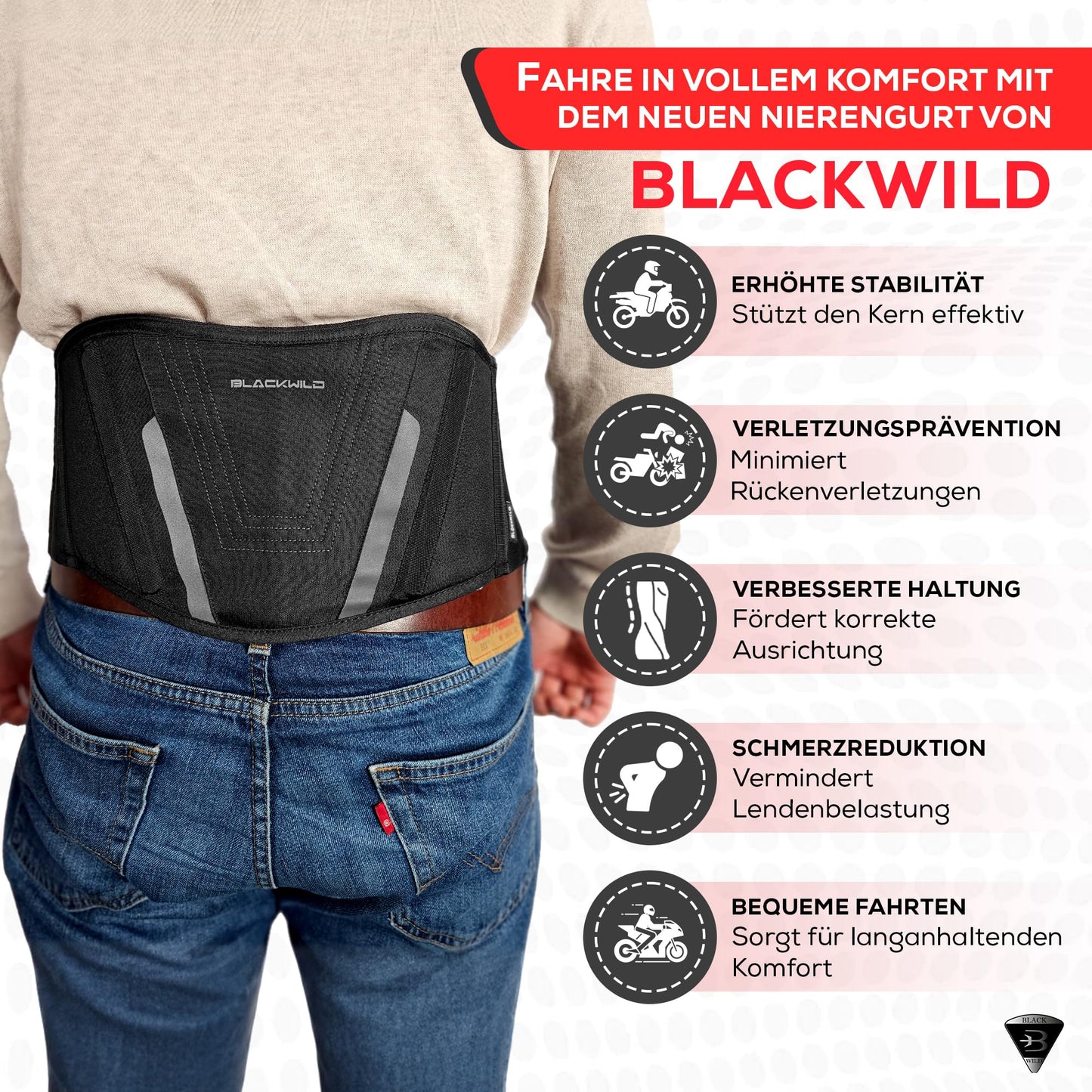 BLACKWILD Nierengurt Motorrad| Nierengurt Motorrad Herren und Damen, Grundschwarz | Effektive Stabilisierung nierenwärmer Lendenwirbelstütze Nierengurt (L = 100-110cm Bauchumfang)