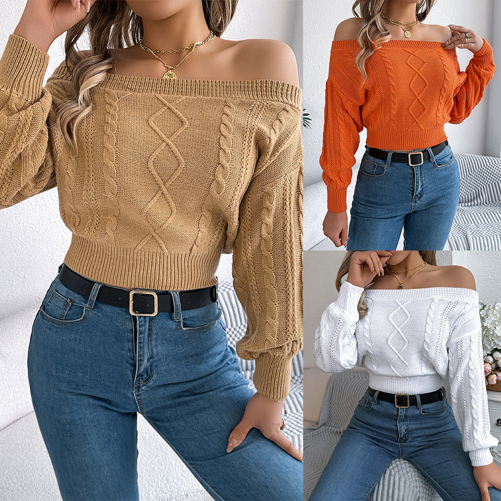 Schulterfreier Langarm-Pullover - Lässiger Chic  | Weiß, Khaki & Orange