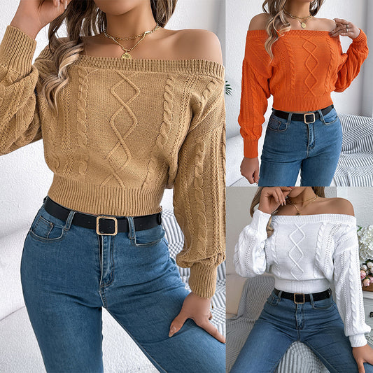 Schulterfreier Langarm-Pullover - Lässiger Chic  | Weiß, Khaki & Orange