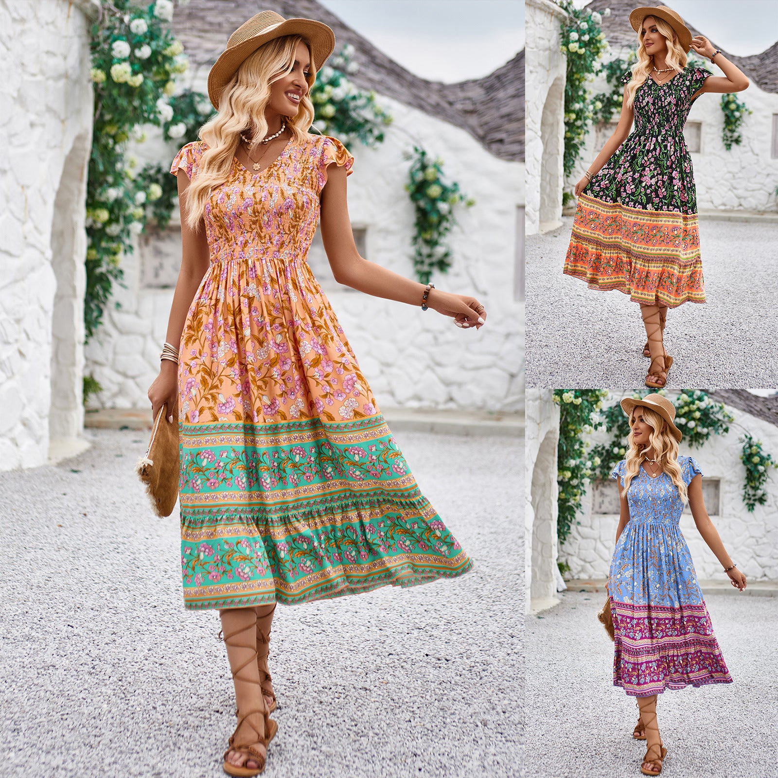 Neue Blumen Druck V-Ausschnitt Kleid Sommer Casual Rüsche Ärmellose Kleider Bohemian Holiday Beach Kleid für Damenkleidung - nargis