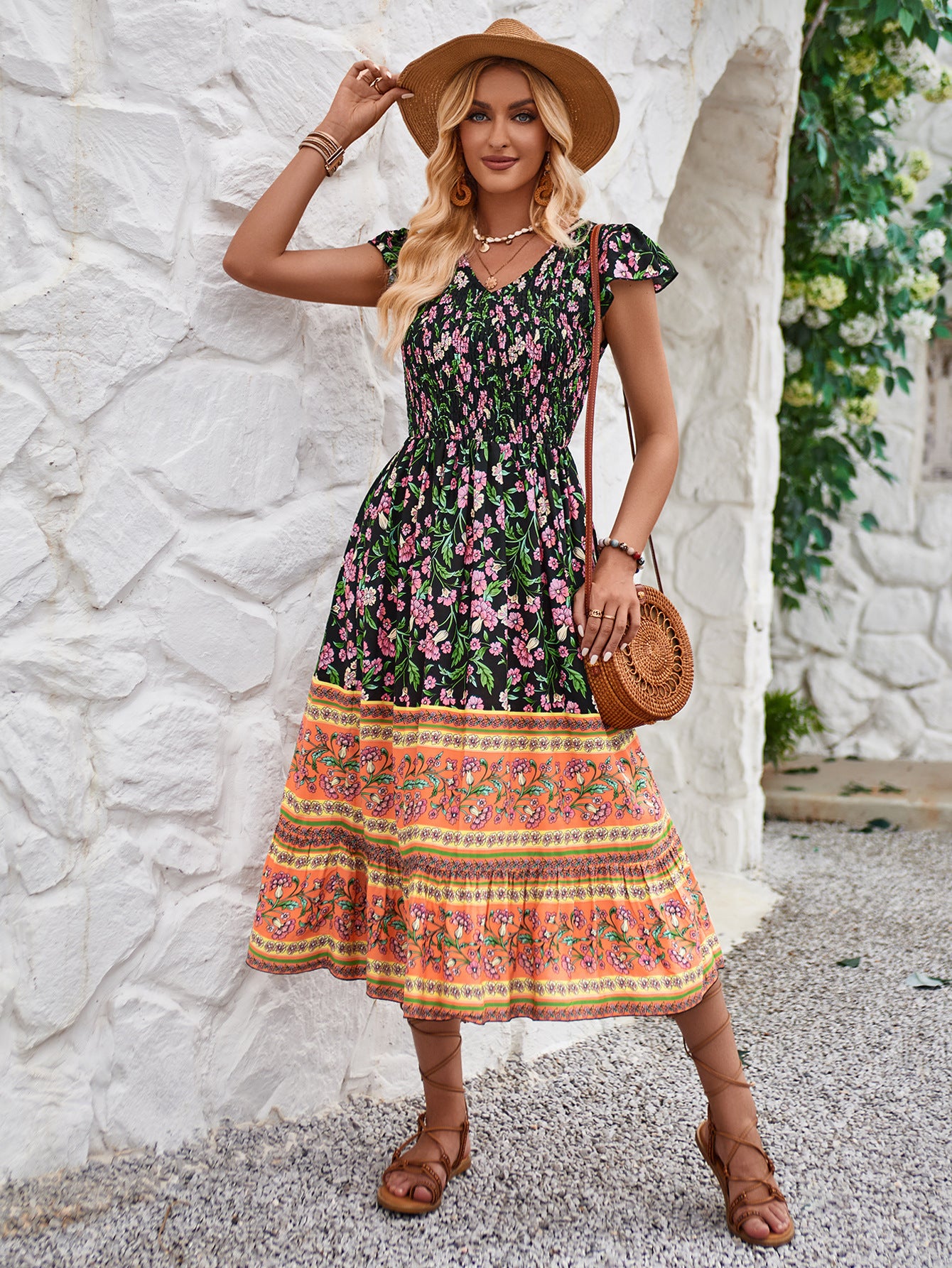 Neue Blumen Druck V-Ausschnitt Kleid Sommer Casual Rüsche Ärmellose Kleider Bohemian Holiday Beach Kleid für Damenkleidung - nargis