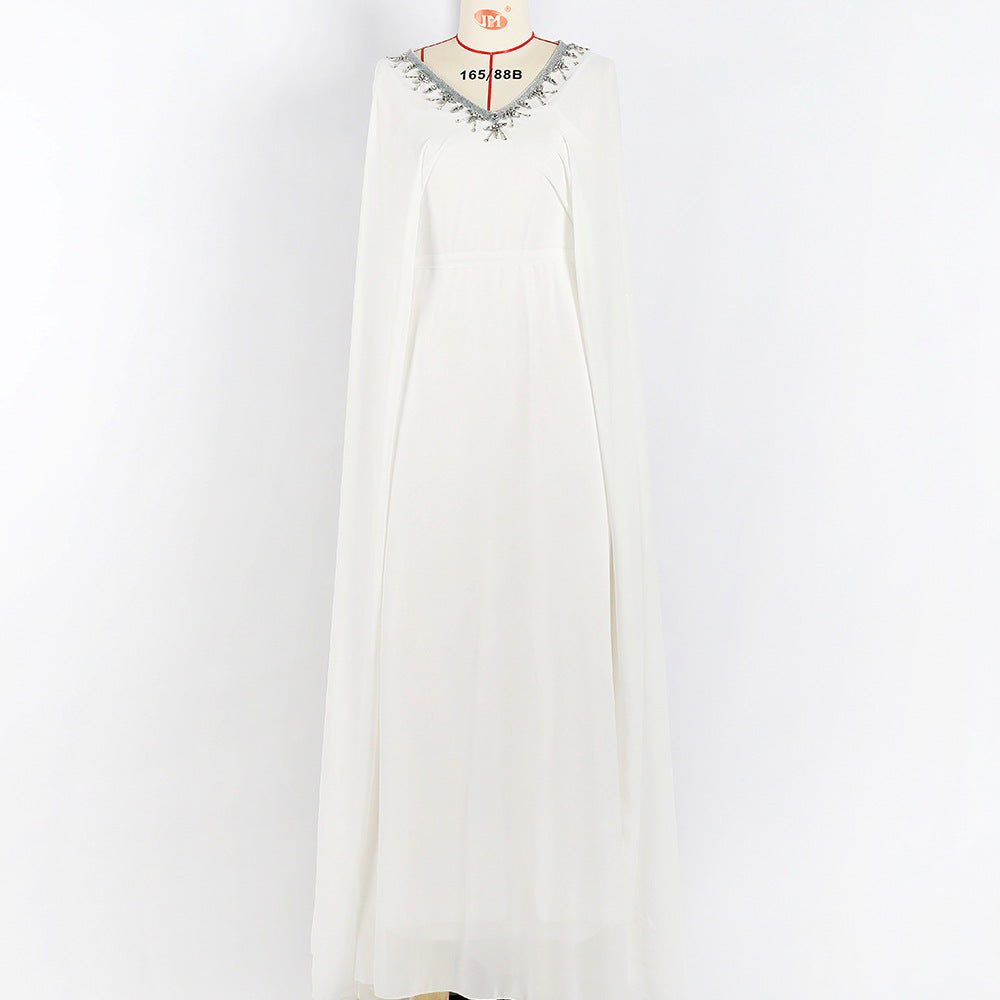 White V-neck Hand-stitched Diamond Cloak Large Swing Dress - nargis